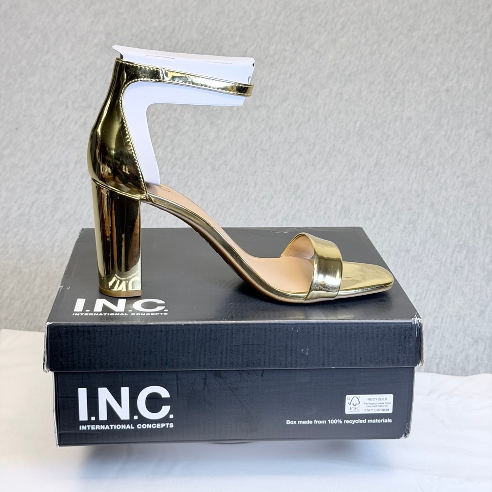 INC International Concepts Lexini Gold Metallic Block Heel Sandals 9.5M